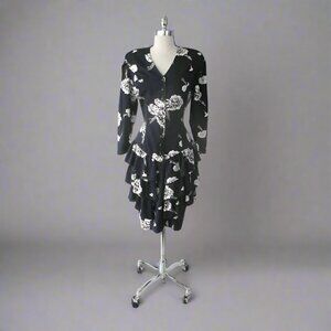 Vintage 80s Navy Tiered Skirt Floral Dress M